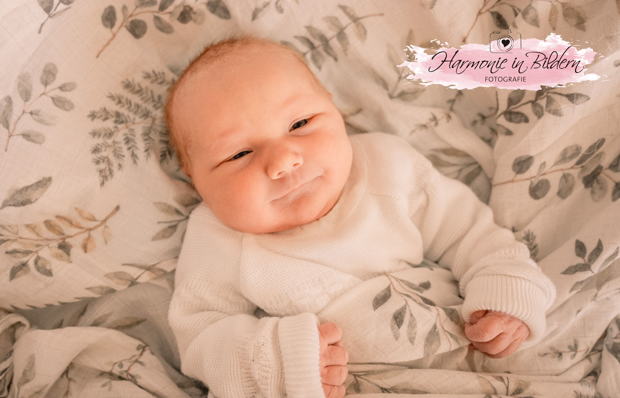 Ein Neugeborenes trägt ein weißes Strick-Oberteil und ist auf einer Decke mit Pflanzen-Motiven gebettet. Es schaut aus zugekniffenen Augen in Richtung Kamera, scheint zu lächeln und ballt die Hände zu Fäusten. Rechts oben im Bild ist eine Kennzeichnung in Form eines rosa Farbklexes zu sehen. Über dem Klex ist eine gezeichnete Kamera mit Herz im Objektiv abgebildet. Darunter steht handgeschrieben Harmonie in Bildern Fotografie,
