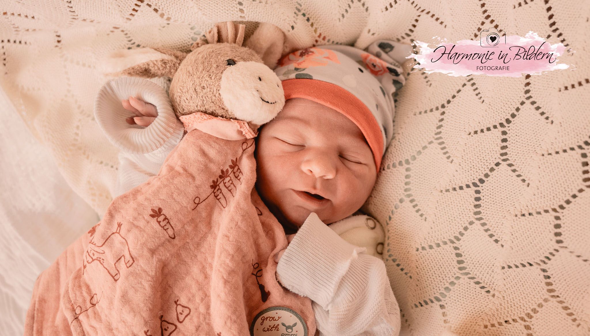 Ein Neugeborenes liegt auf einer weißen Strickdecke. Es hat eine orange gestreifte Mütze auf und umarmt im Schlaf einen Stoff-Esel, an dem ein orange-braunes Tuch befestigt ist. Rechts oben im Bild ist eine Kennzeichnung in Form eines rosa Farbklexes zu sehen. Über dem Klex ist eine gezeichnete Kamera mit Herz im Objektiv abgebildet. Darunter steht handgeschrieben Harmonie in Bildern Fotografie