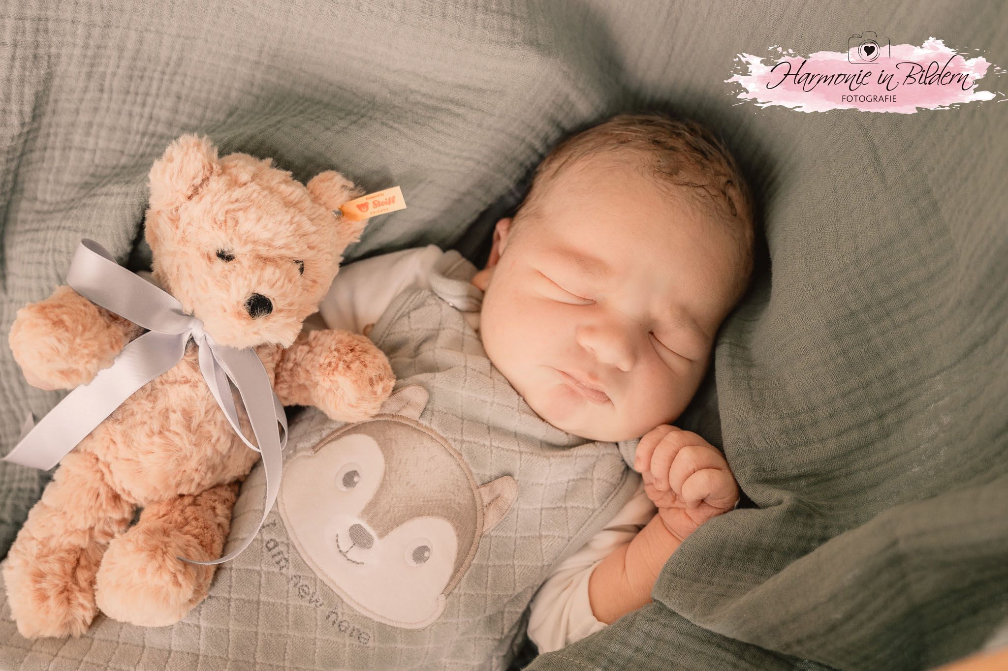 Ein schlafendes Neugeborenes liegt schlafend auf einer Decke aus grobem, grau-grünem Stoff. Auf dem Strampler des Kindes ist ein beiger Fuchs abgebildet. Links im Bild liegt ein Plüsch-Teddybär. Rechts oben im Bild ist eine Kennzeichnung in Form eines rosa Farbklexes zu sehen. Über dem Klex ist eine gezeichnete Kamera mit Herz im Objektiv abgebildet. Darunter steht handgeschrieben Harmonie in Bildern Fotografie