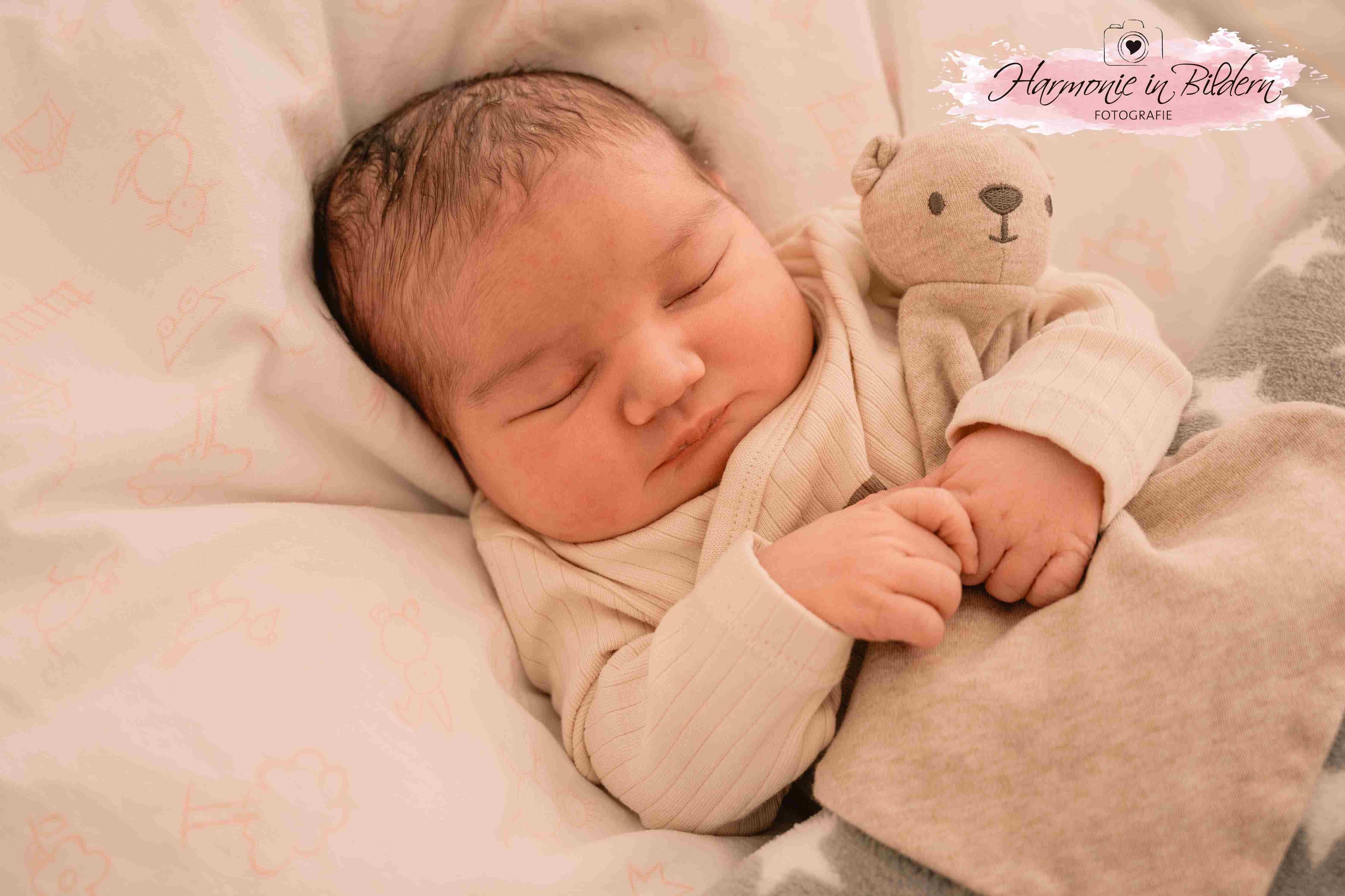 Ein Neugeborenes liegt auf weichen Decken gebettet. Es hat ein beiges Oberteil an und hält einen Plüsch-Teddybären im Arm. Rechts oben im Bild ist eine Kennzeichnung in Form eines rosa Farbklexes zu sehen. Über dem Klex ist eine gezeichnete Kamera mit Herz im Objektiv abgebildet. Darunter steht handgeschrieben Harmonie in Bildern Fotografie