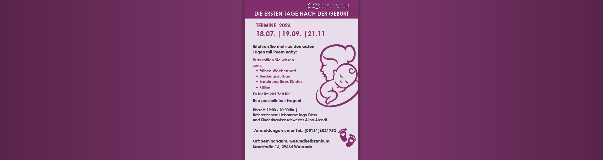 Plakat für den Infoabend: Erste Tage nach der Geburt.